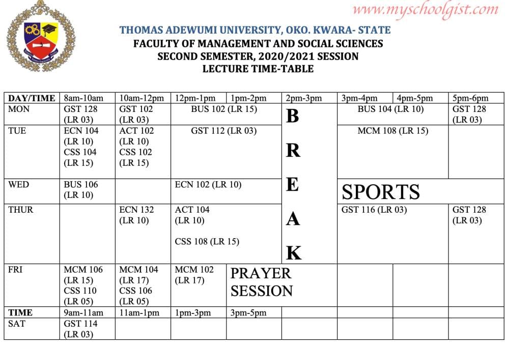 Thomas Adewumi University Lecture Timetable - 2nd Semester 2020:2021