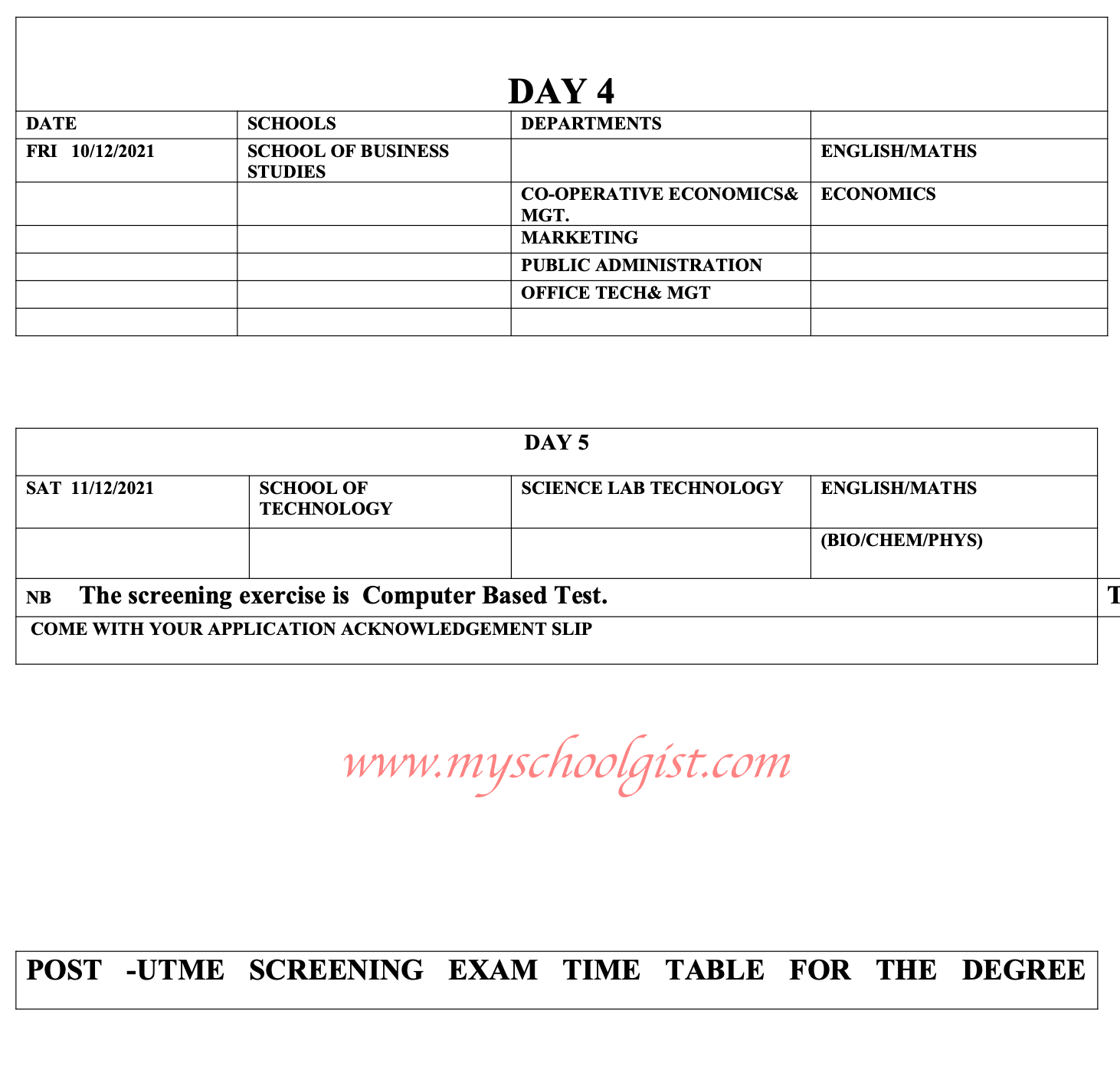 IMT Post UTME Screening Exam Timetable