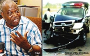 On the left, Prof. Iyayi. On the right, the accident scene