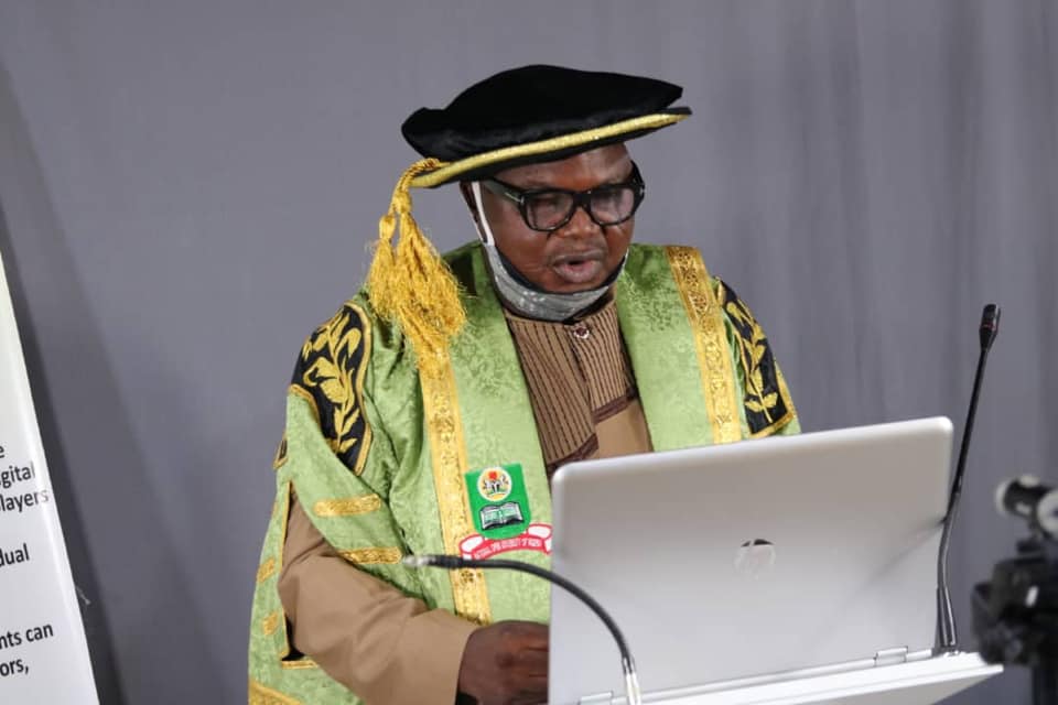 Registrar of NOUN, Mr. Felix I. Edoka, administering the matriculation oath online