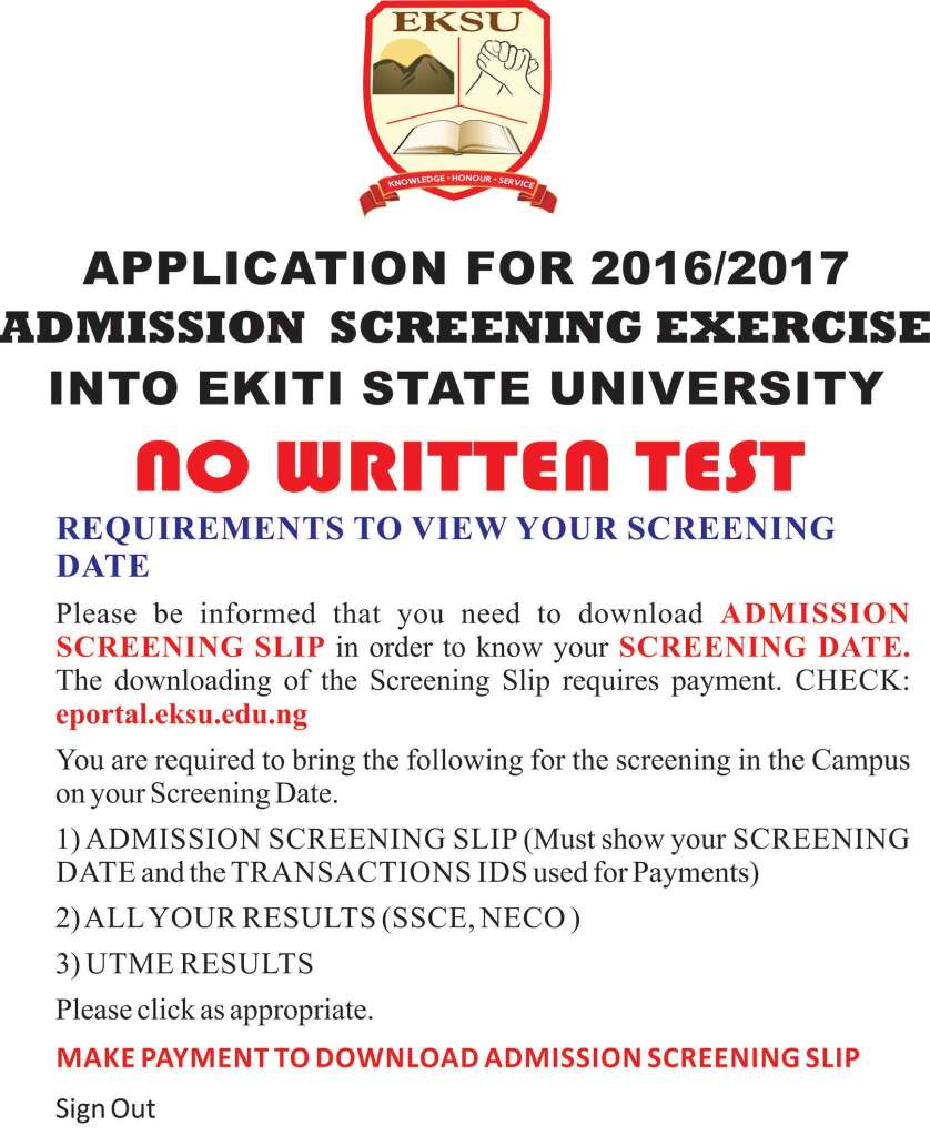 EKSU requirements to view applicants screening dates