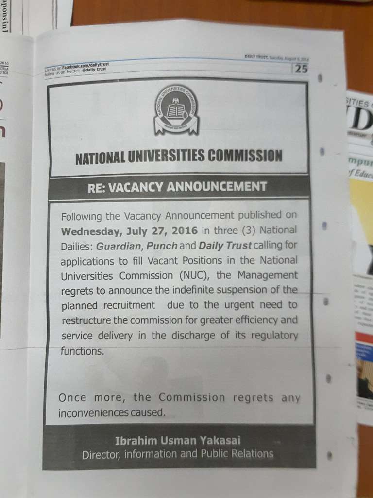 National Universities Commission suspends recruitment