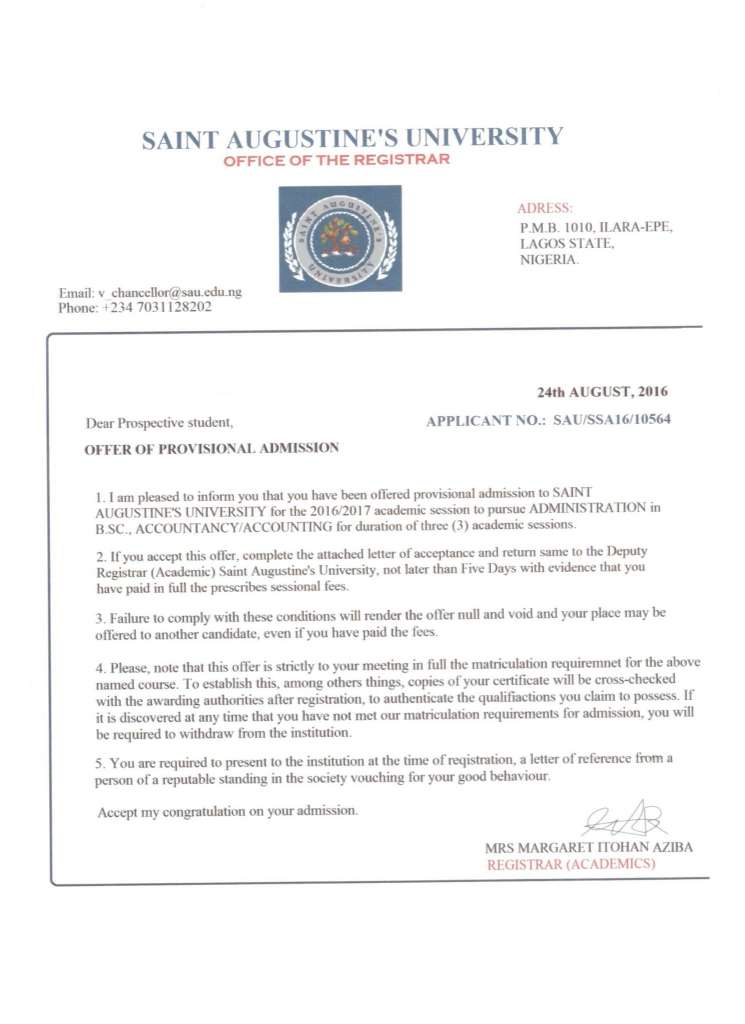 Augustine University Ilara fake admission letter