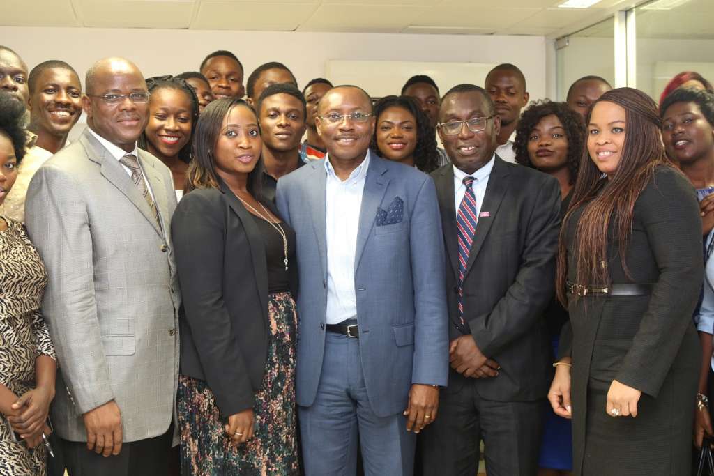 Managing Director/Chief Executive Officer, Invent Media Limited, Mr. Adekunle Adeshina (2nd left); Business Development Manager, Chartered Institute of Management Accountants (CIMA), Mrs. Yetunde Okunoren; Managing Director/Chief Executive Officer, First Primus West Africa Limited, Otunba Seni Adetu (middle); Executive Director, Education, CIMA, Dr. Noel Tagoe; and Country Head, CIMA, Ms. Ijeoma Anadozie (2nd right), with members of the CIMA Undergraduate Club, UNILAG chapter, at the Open Day at First Primus, as part of CIMA mentorship programme in Lagos.