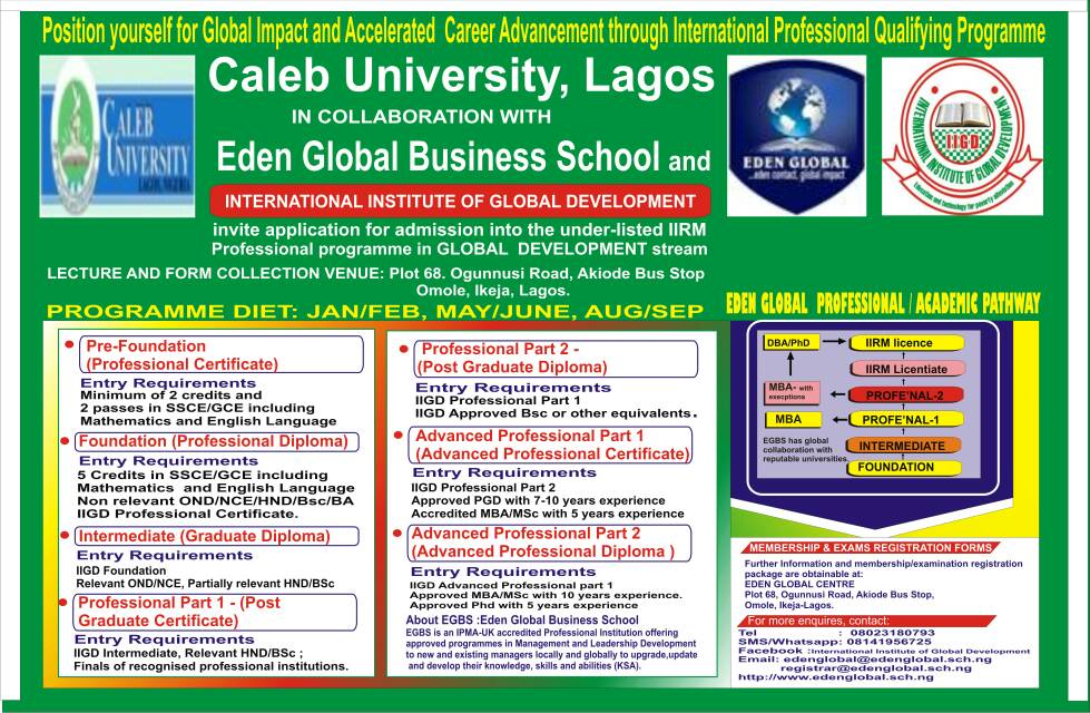 Caleb University - Eden Global Specialist Professional Certificates Programme Admission