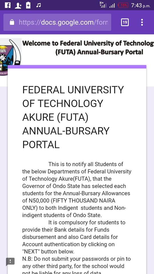 futa Scholarship:Bursary Award Disclaimer