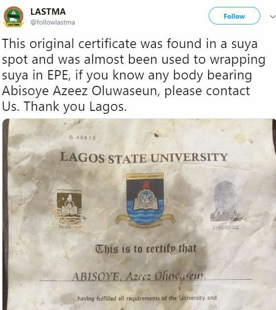 lasu certificate at suya spot