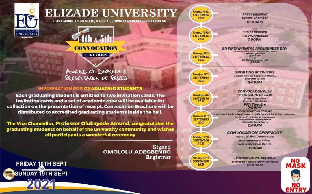 Elizade University Convocation Ceremony Programme of Events