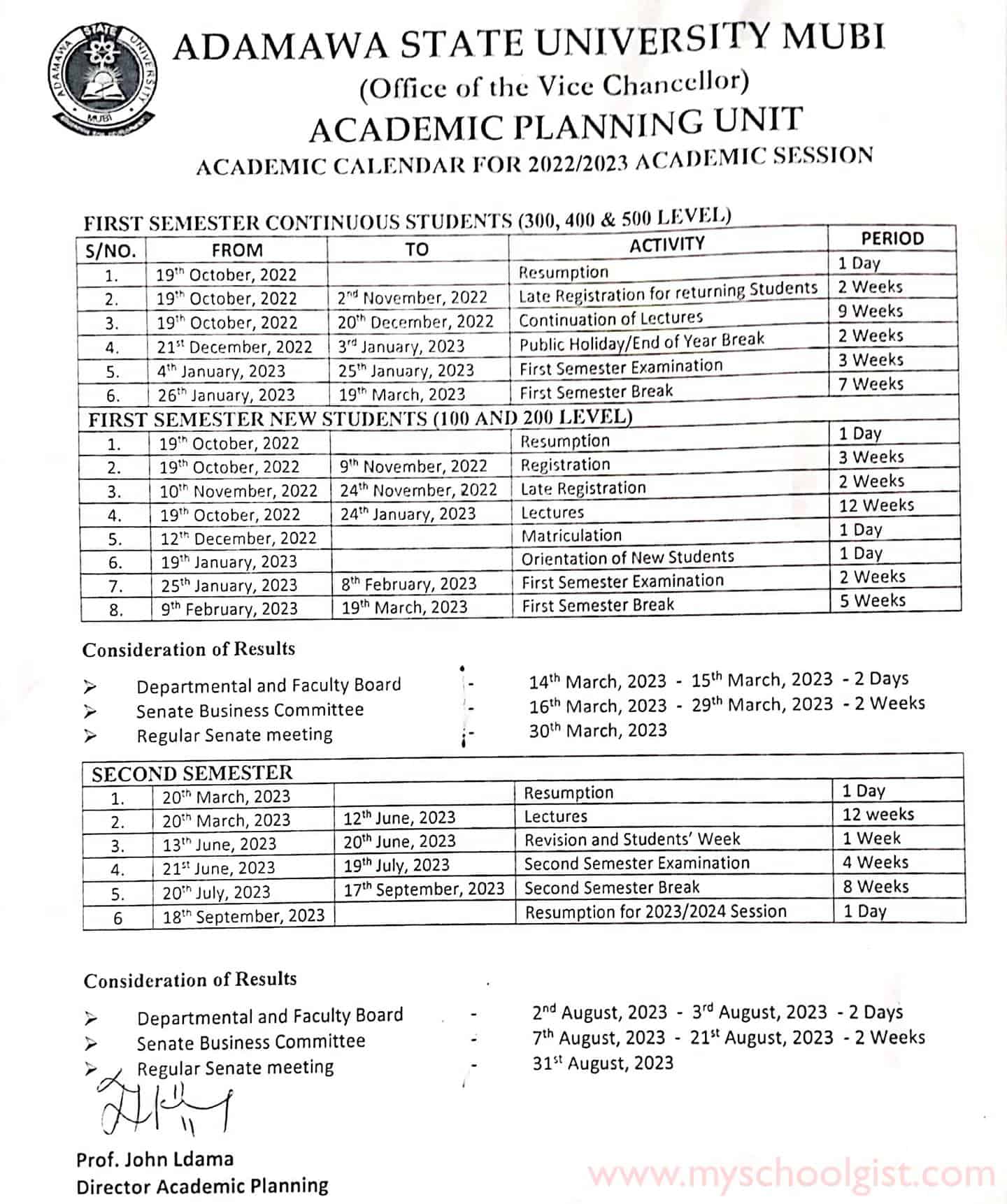 Adamawa State University (ADSU) Academic Calendar for 2022:2023 Academic Session