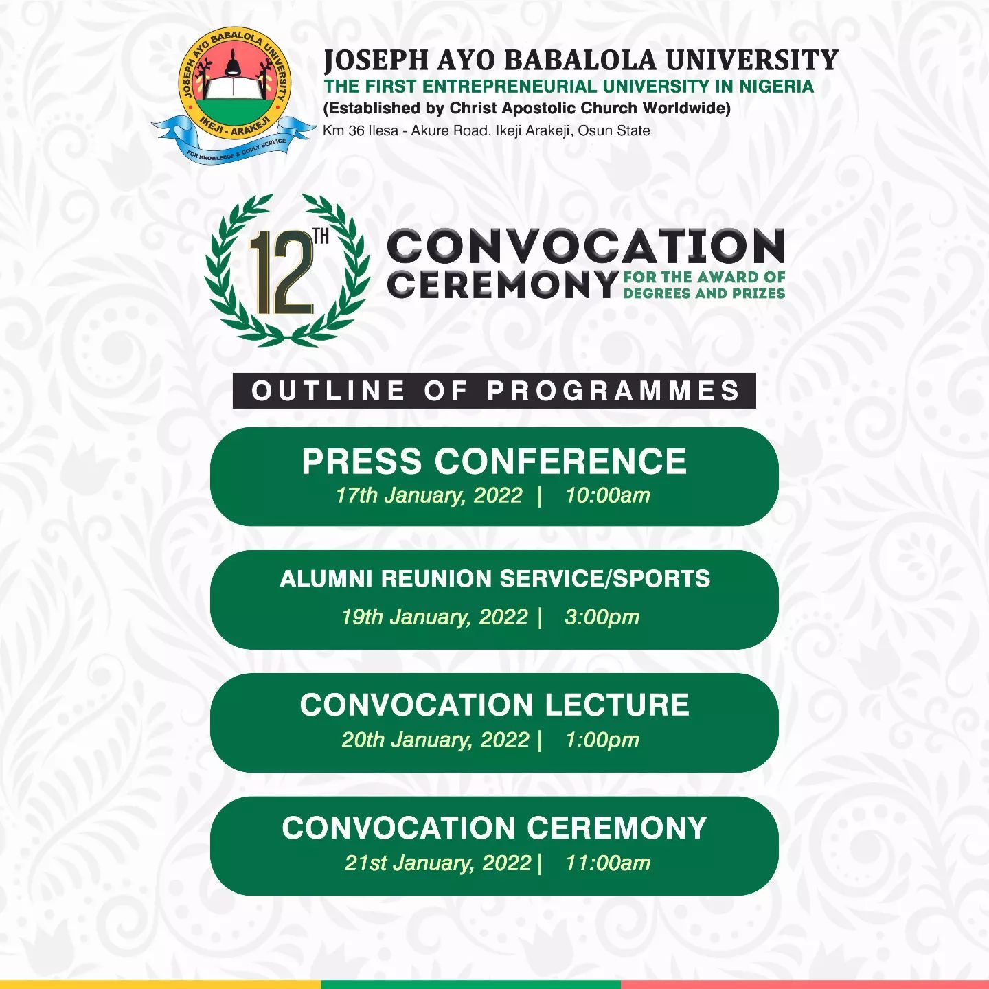 JABU Convocation Ceremony Programme of Events