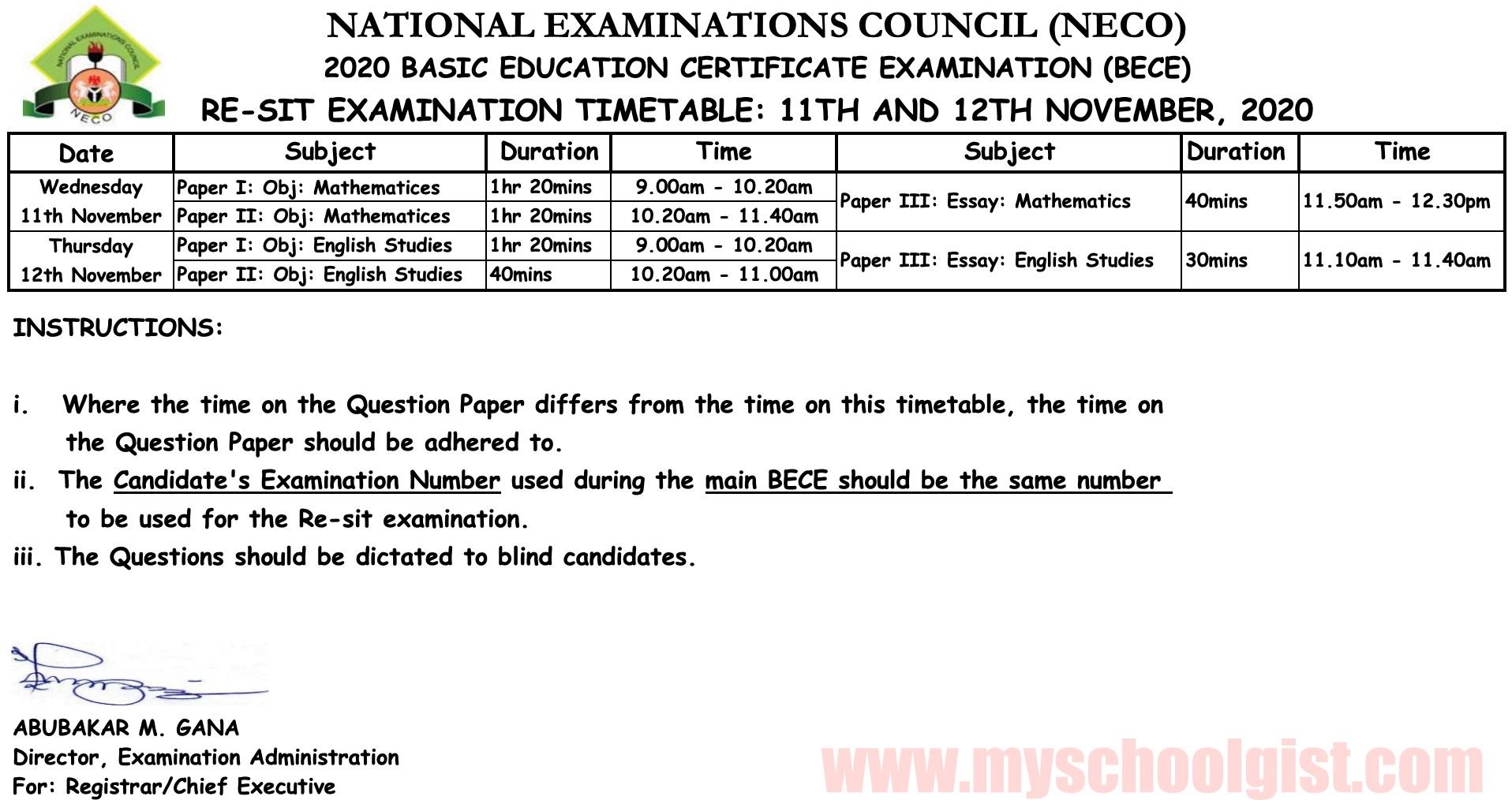 2020 NECO BECE Timetable for JSS 3 Candidates [Junior WAEC]