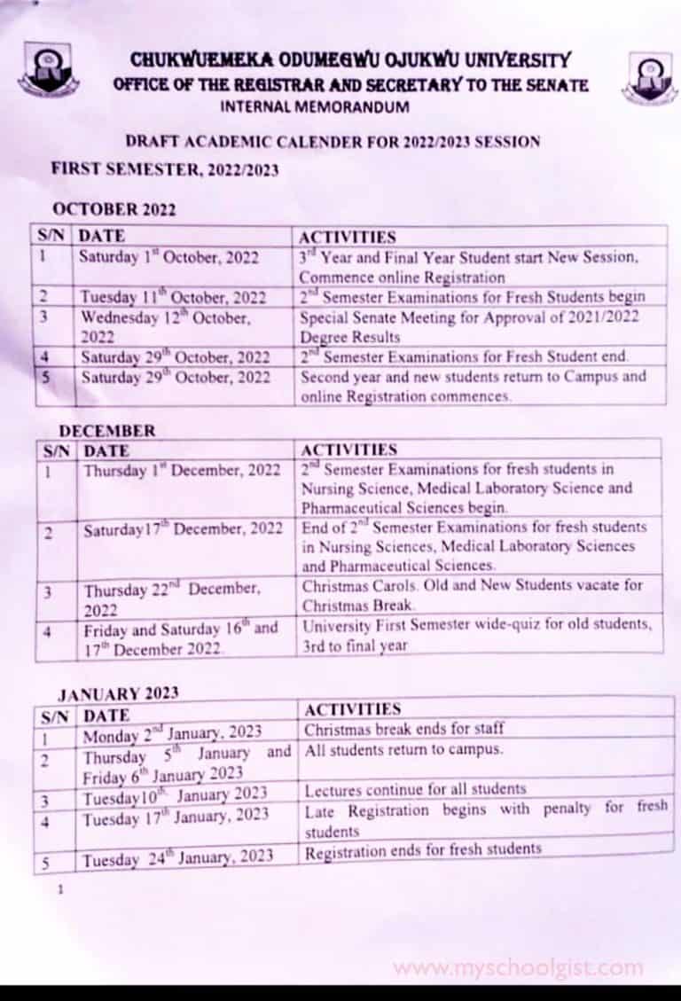 COOU [ANSU] Academic Calendar 2022/2023 Session • MySchoolGist