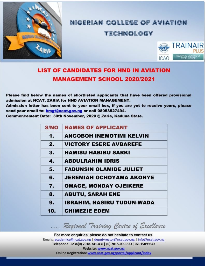 NCAT HND Admission List 2020/2021 • MySchoolGist