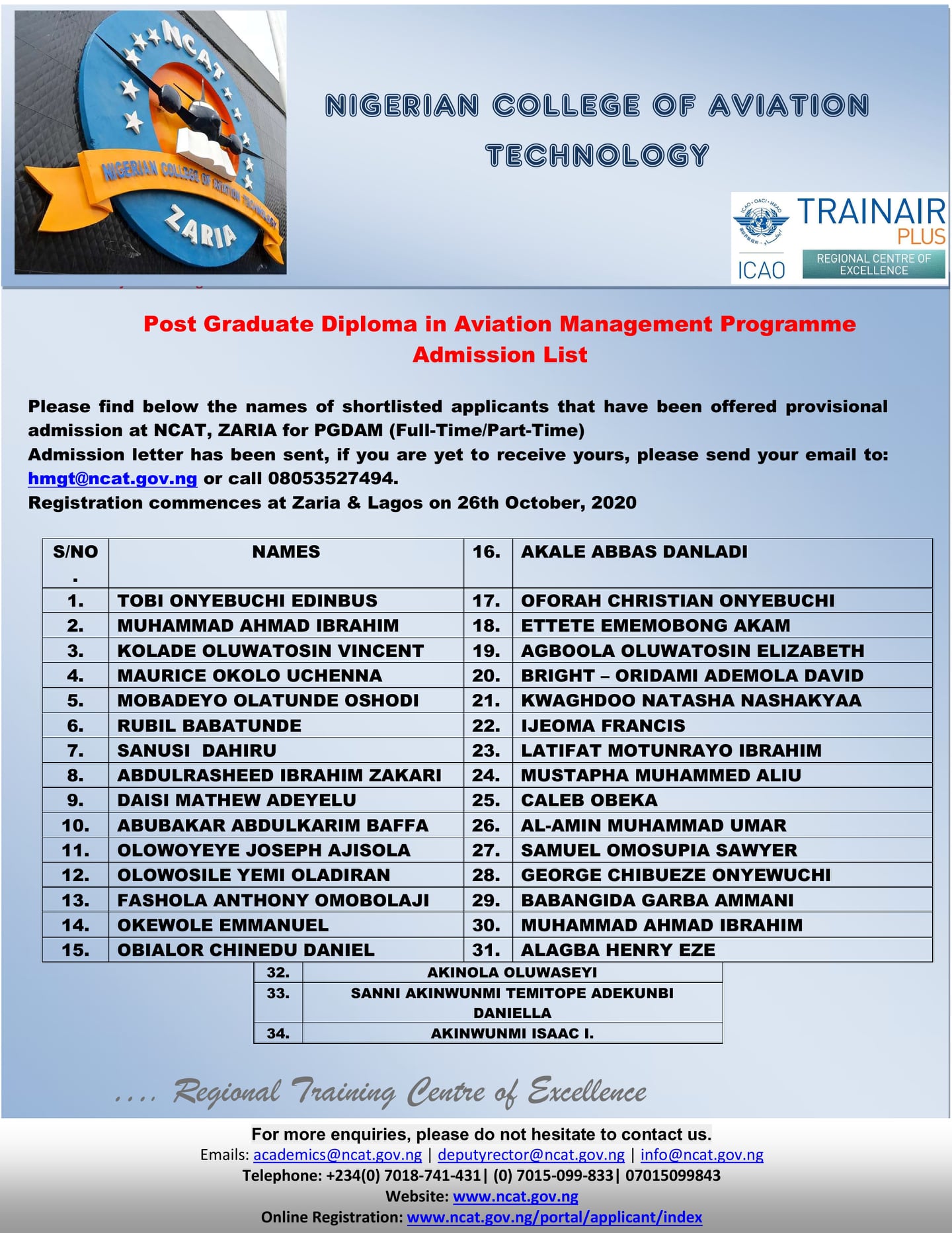 ncat-post-graduate-diploma-admission-list-2020-2021