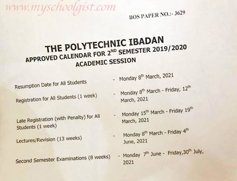 poly ibadan academic calendar for 2nd semester 