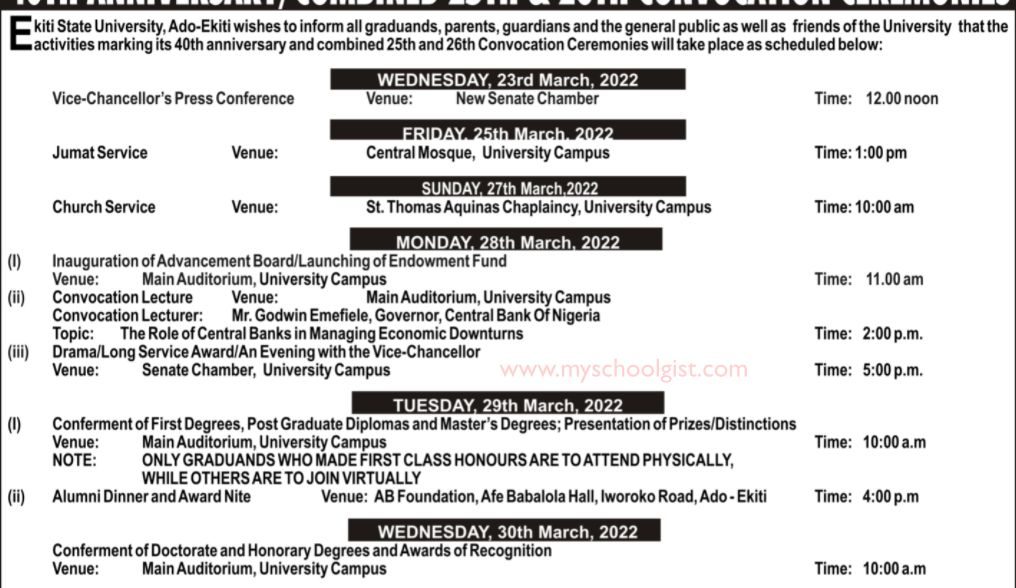 Ekiti State University (EKSU) 25th & 26th Convocation Ceremonies Programme of Events