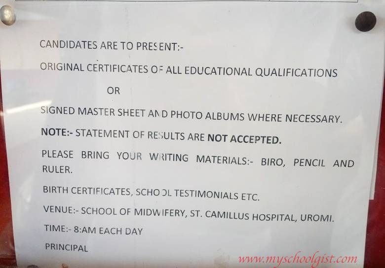 St. Camillus Hospital Uromi School of Midwifery Entrance Exam Pass List, Interview Date