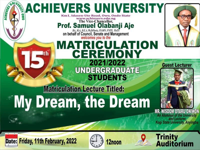 Achievers University Matriculation Ceremony Date 2021:2022