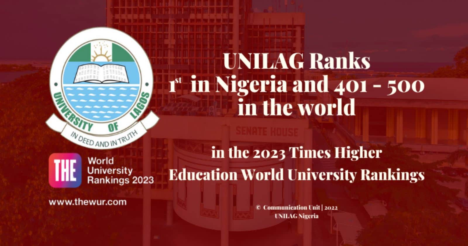 UNILAG ranks 1st in Nigeria and 401–500 globally out of 1,799 universities