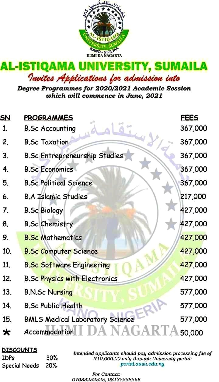 Al-istiqama University Sumaila (AUSU) School Fees