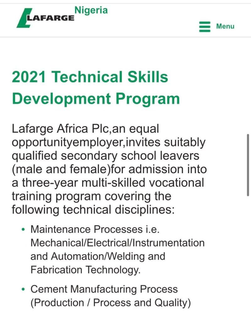Lafarge 2021 Technical Skills Development Program • MySchoolGist