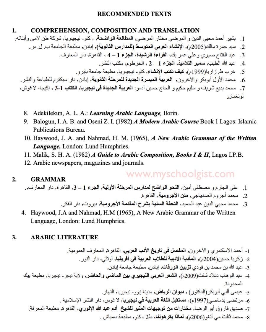 JAMB Recommended Books for Arabic