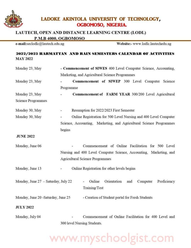 LAUTECH ODL Academic Calendar 2022/2023 • MySchoolGist