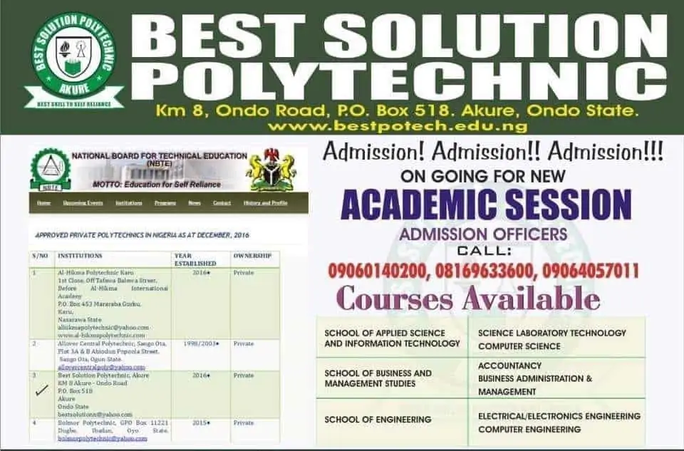 Best Solution Polytechnic (BESTPOTECH) ND Post UTME Form for 2022/2023 Academic Session