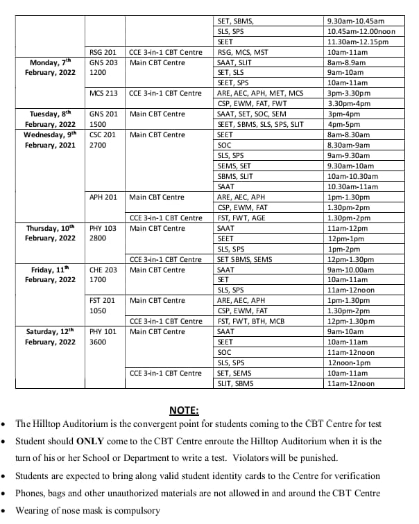 FUTA Computer Based Test (CBT) Timetable 