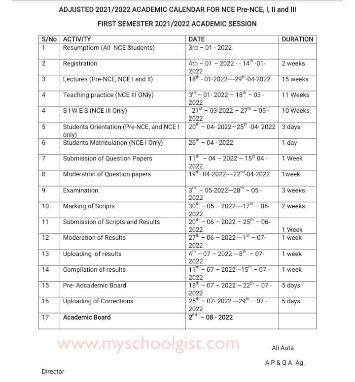 FCET Gombe Academic Calendar - 1st Semester