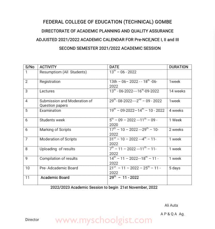 FCET Gombe Academic Calendar - 2nd Semester