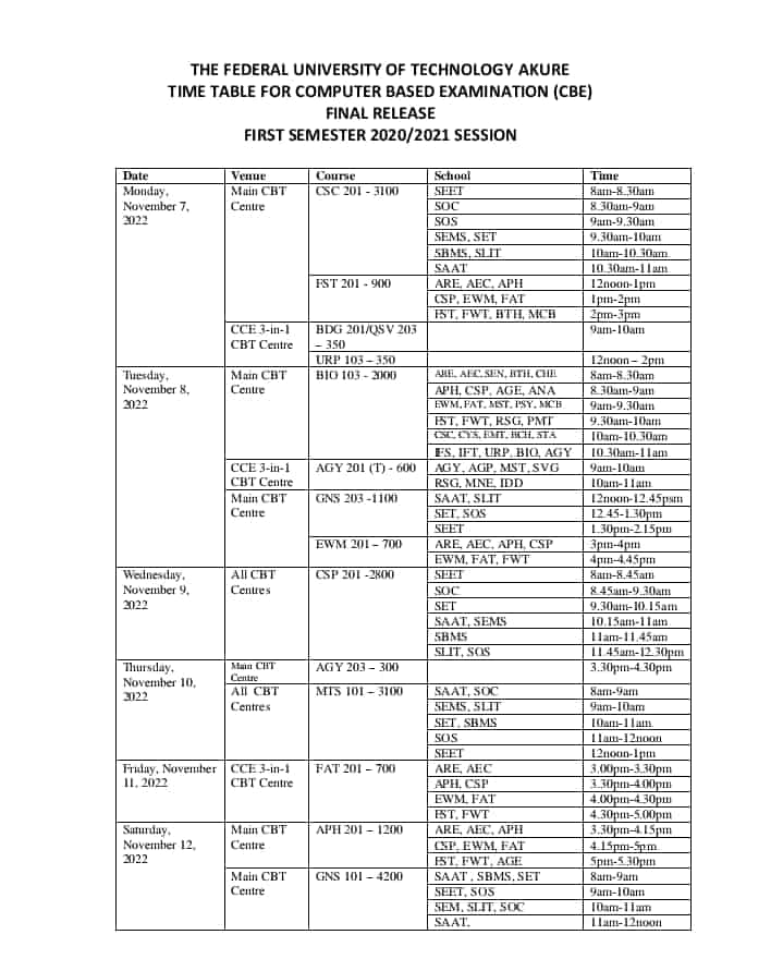 FUTA Computer Based Exam Timetable 1st Semester 2020:2021 