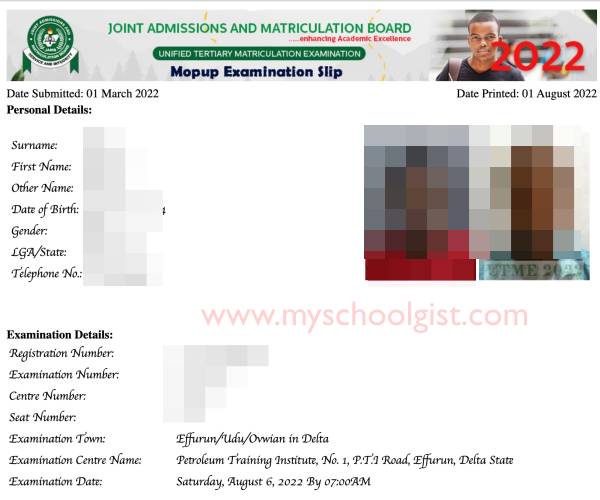 JAMB Mop-Up Examination Slip 2022