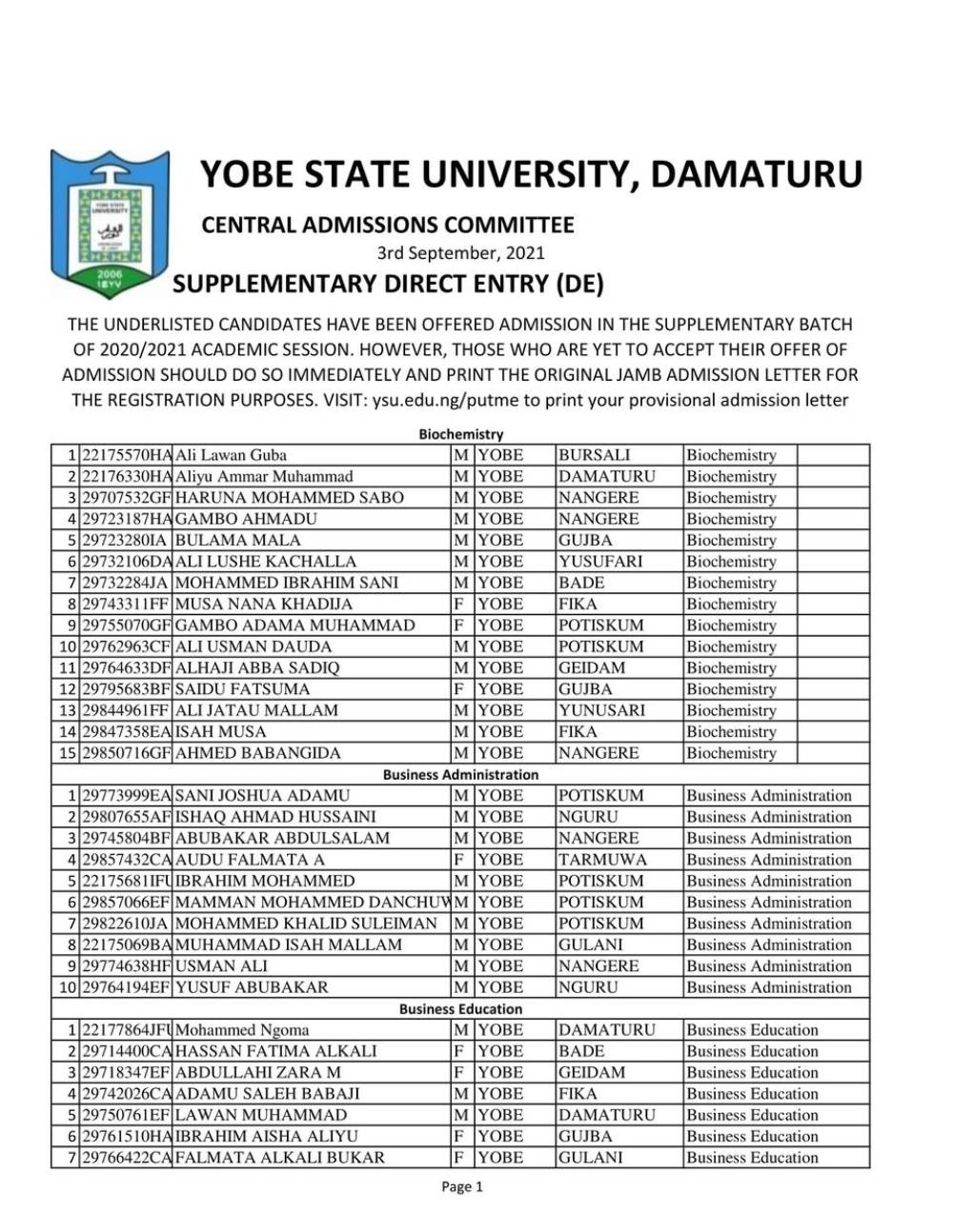 YSU Direct Entry 3rd Batch Admission List