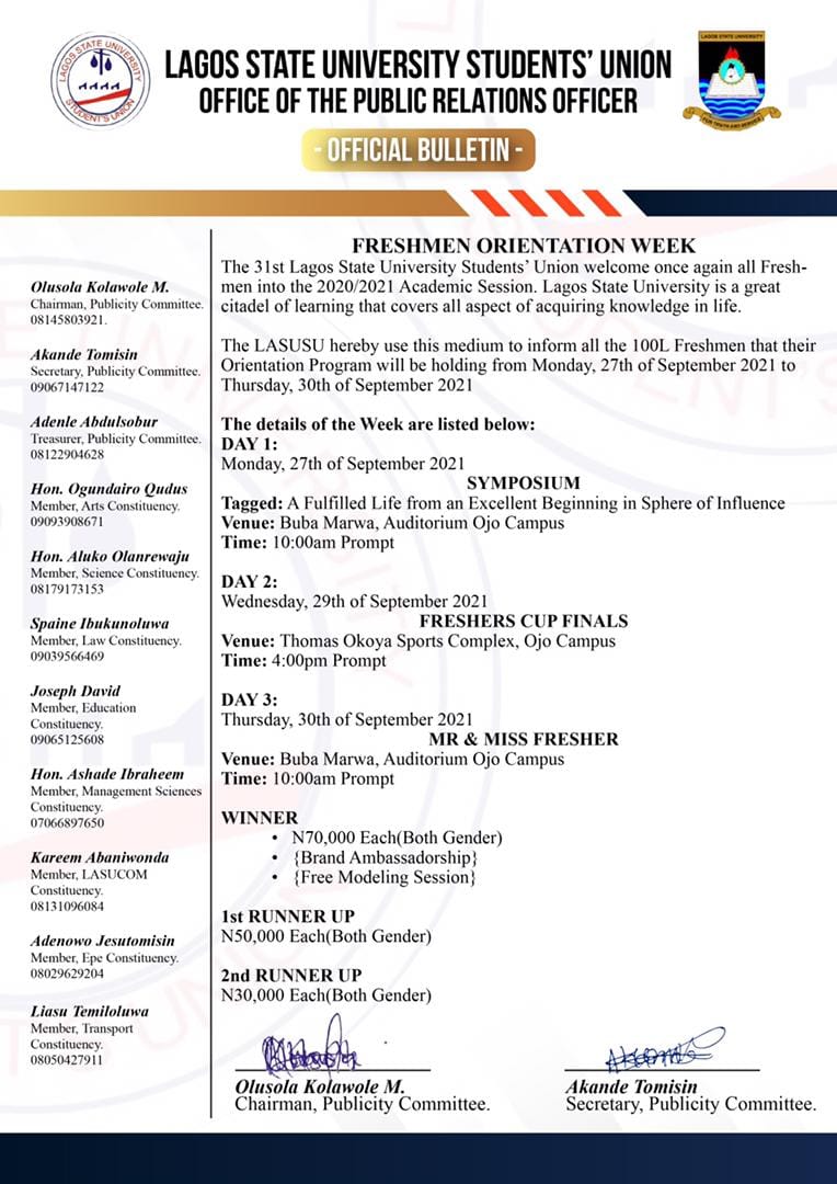 LASU Freshmen Orientation Week Programme of Events 2021
