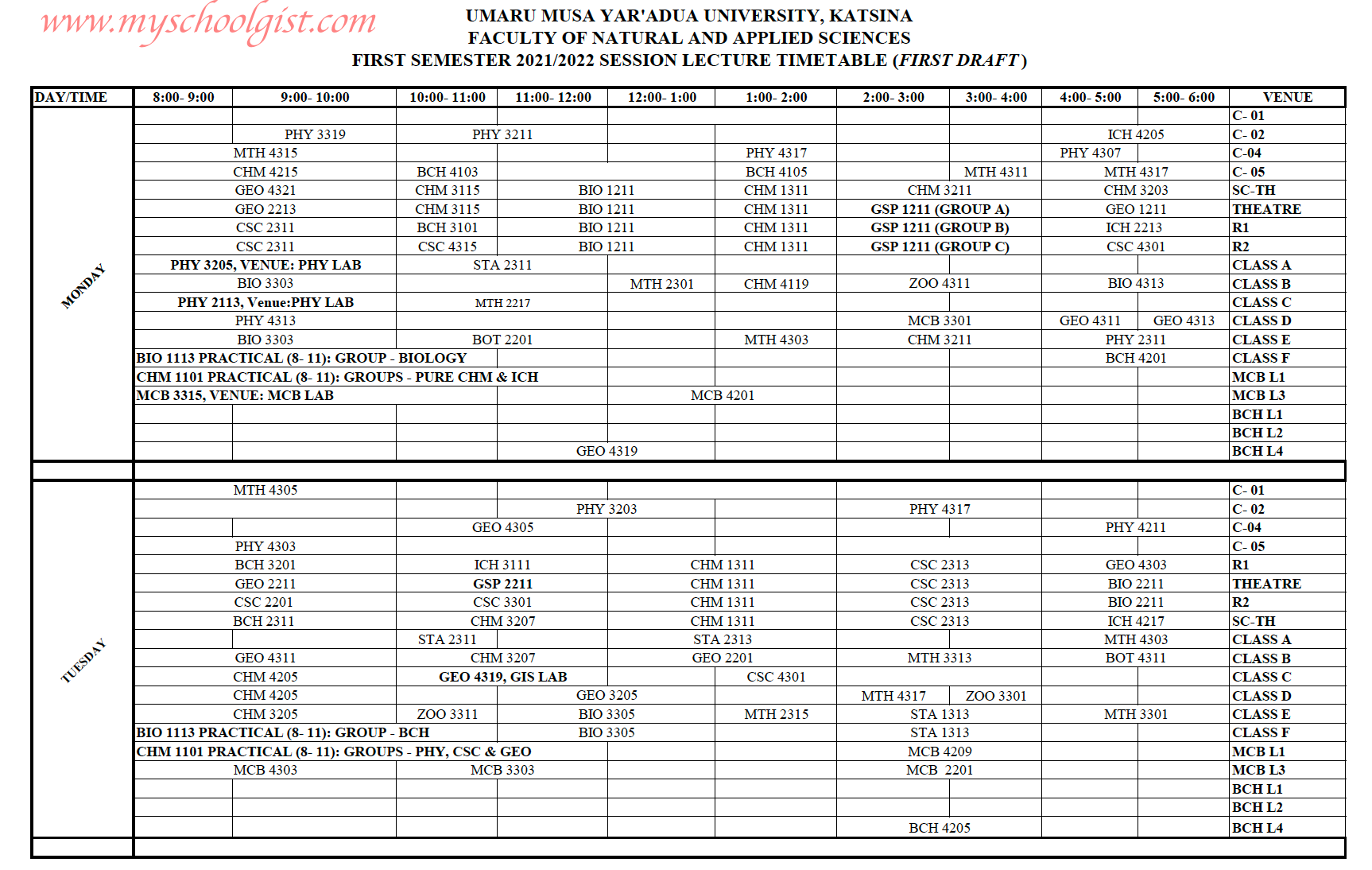 UMYU Lecture Timetable 1