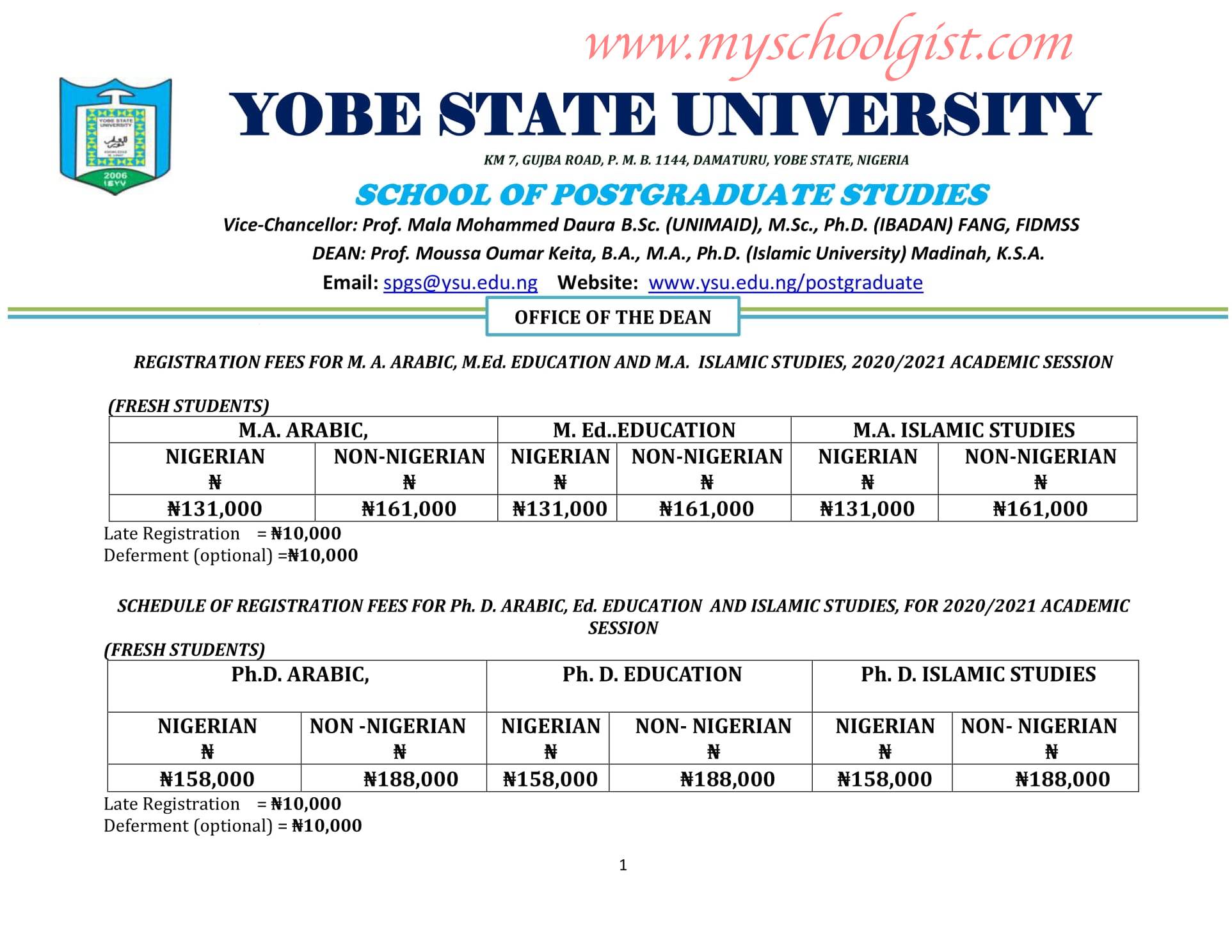 Yobe State University (YSU) School Fees for Newly Admitted Postgraduate Students