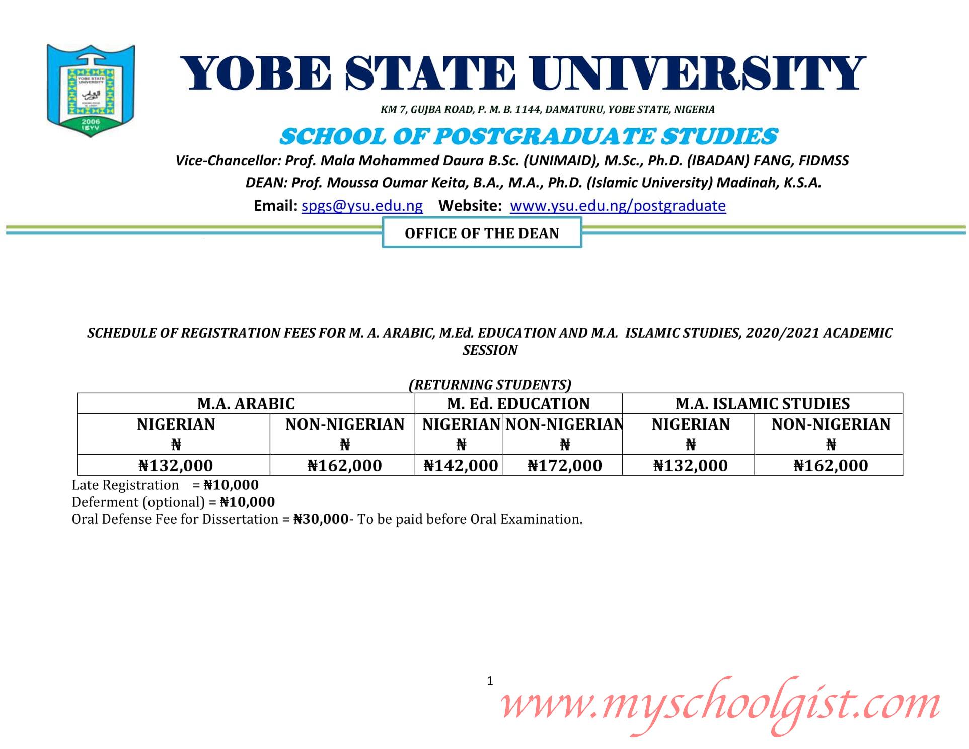 Yobe State University (YSU) School Fees for Returning Postgraduate Students 
