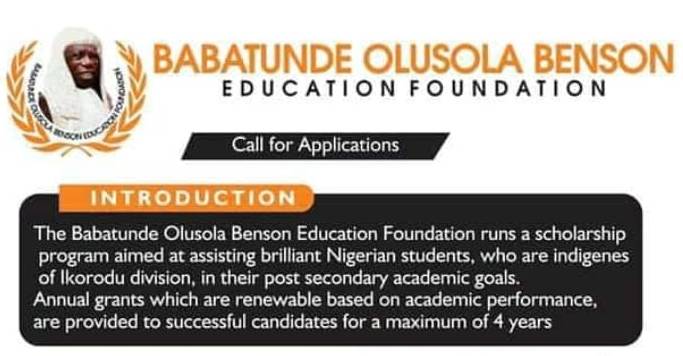 Babatunde Olusola Benson Education Foundation (BOBEF) Scholarship