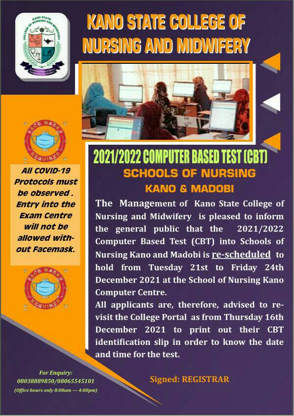 Kano State College Of Nursing & Midwifery CBT Entrance Examination Schedule