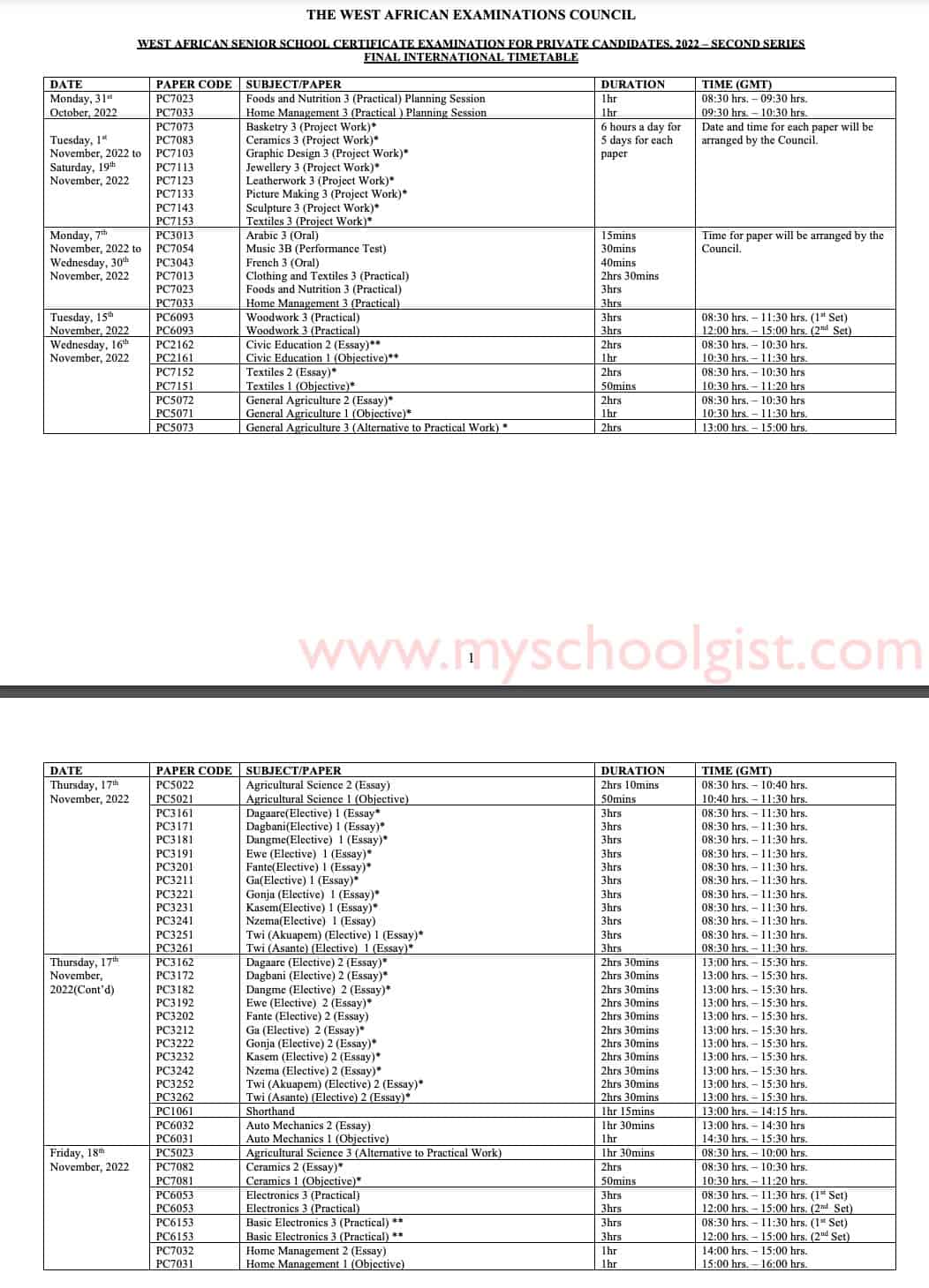 WAEC GCE TIme Table for 2nd Series 2022