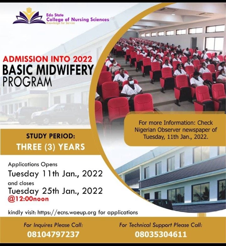Edo State College of Nursing Sciences (EDOCONS) Basic Midwifery Programme Admission Form 2022:2023