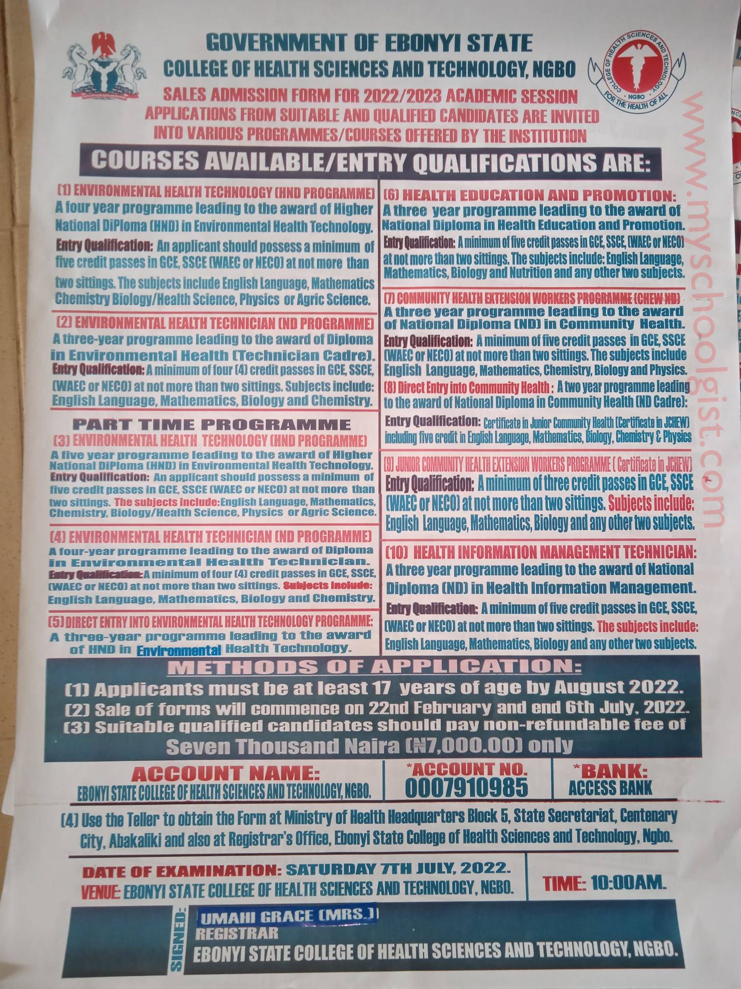 Ebonyi State College of Health Sciences and Technology (EBSCOHSTECH) Admission Advert