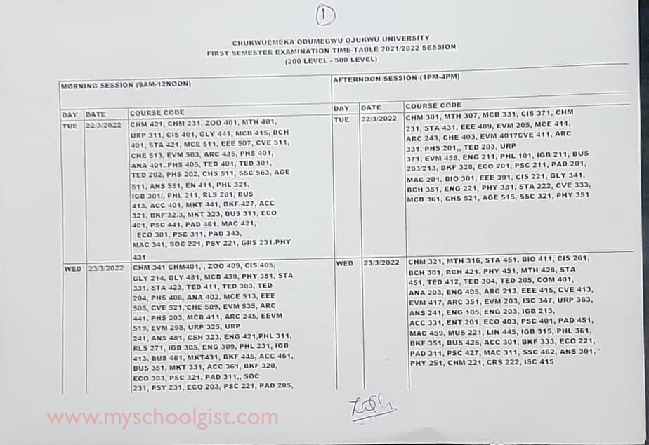 COOU Examination Timetable