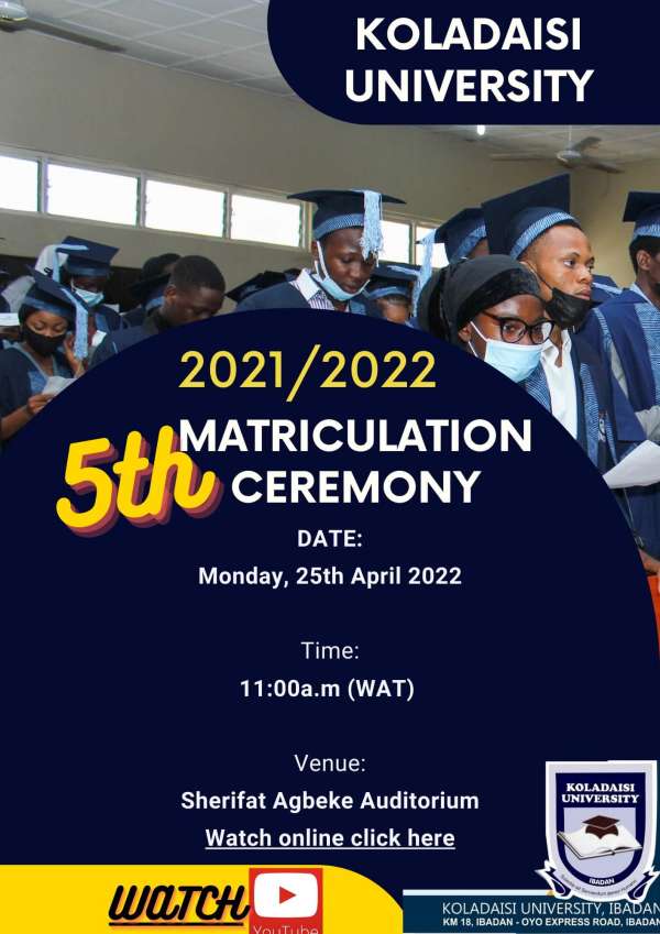 KolaDaisi University (KDU) 5th Matriculation Ceremony Schedule for 2021/2022 Academic Session