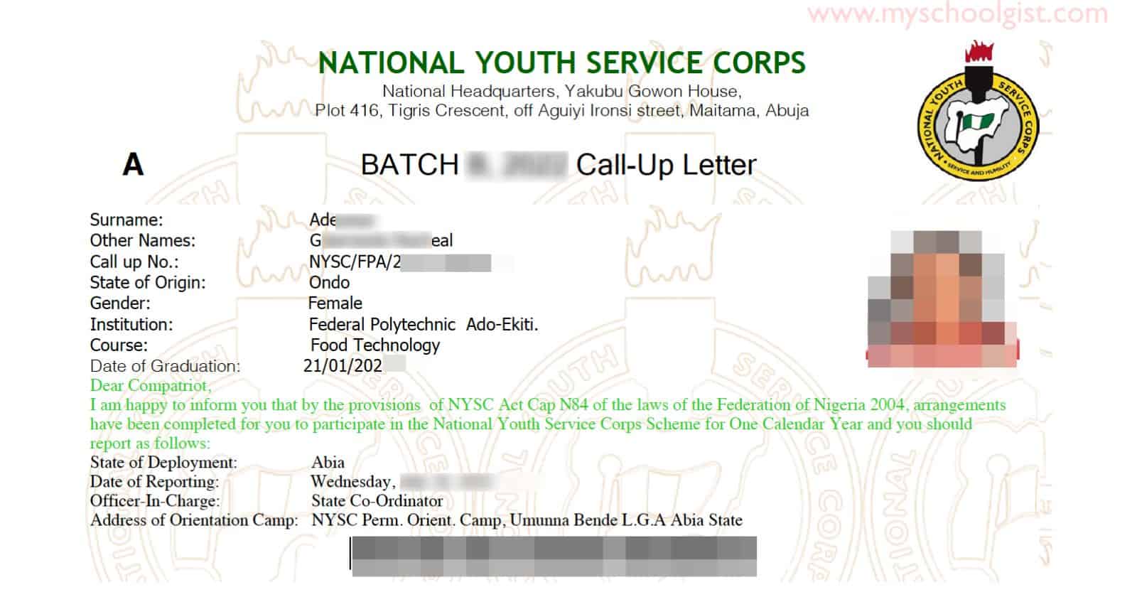 NYSC Call-Up Letter