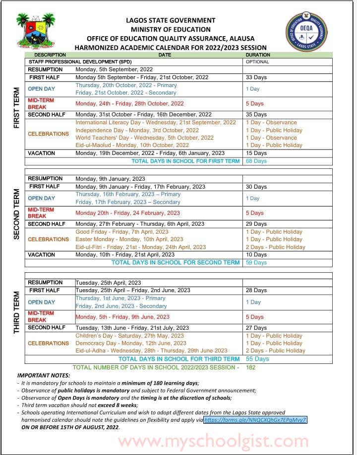 LASG Harmonised Academic School Calendar 2022/2023