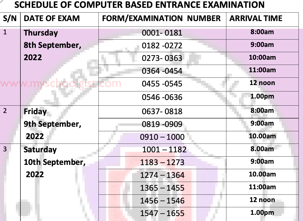 UITH School of Nursing Entrance Exam Timetable