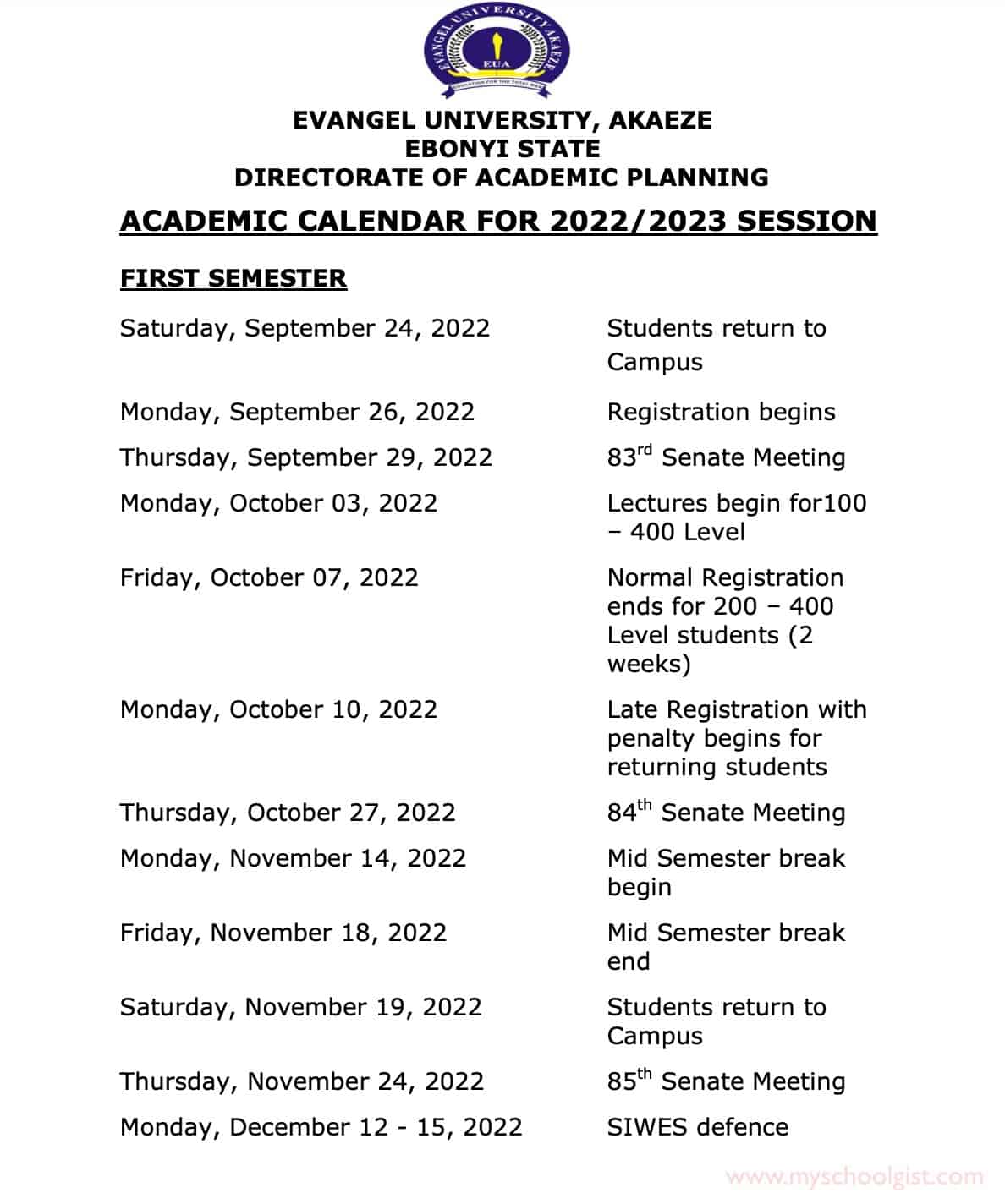 Evangel University Akaeze (EUA) Academic Calendar 2022-2023