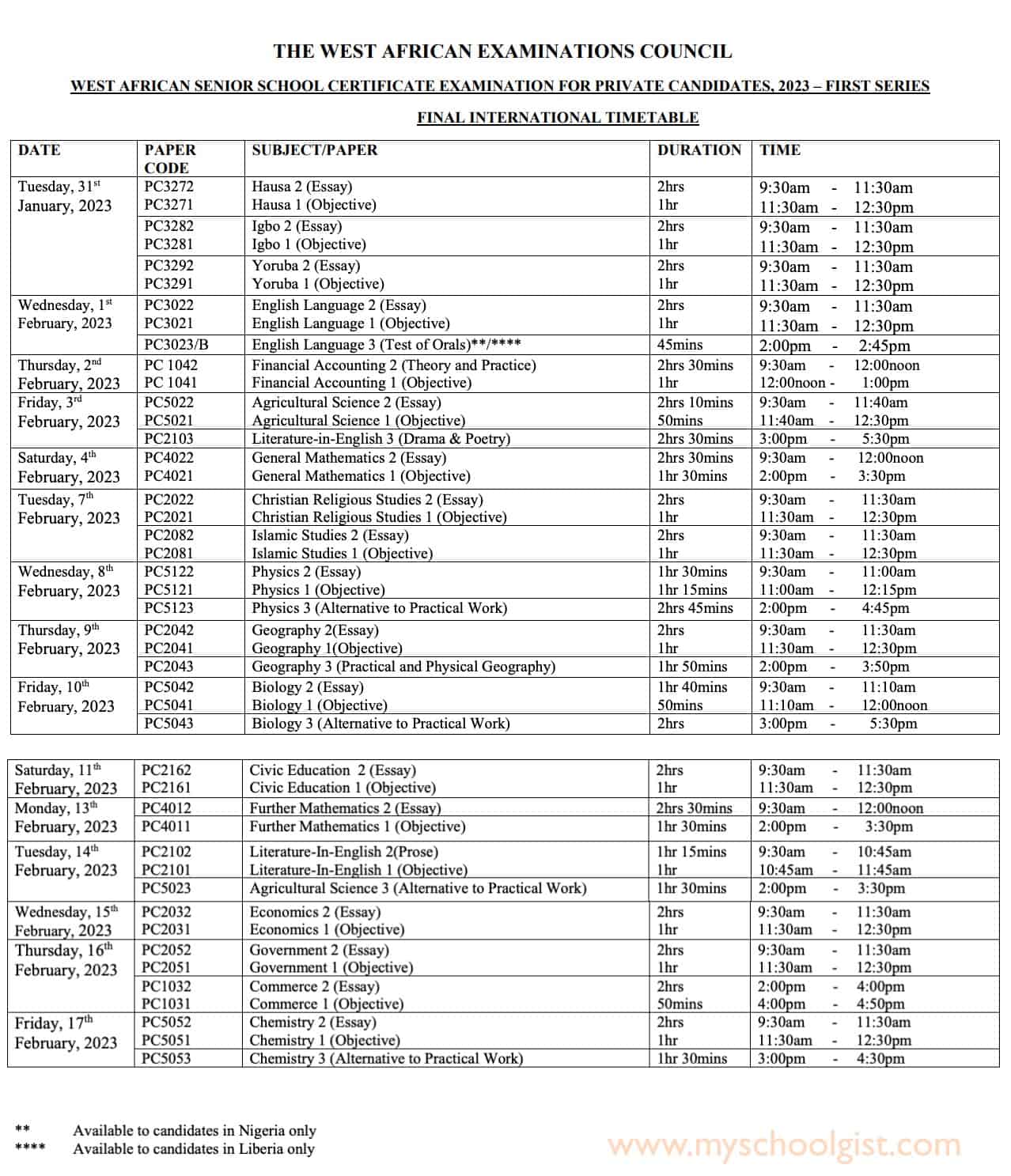 2023 WAEC GCE Timetable - First Series